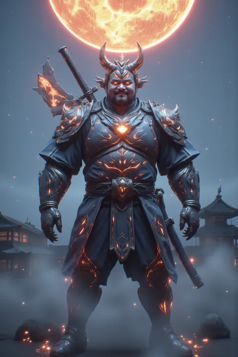 １Fat Man、 male、warrior、Armor、fat、 Japanese、Japanese castle in the distance、night、 big full moon 、Hold up colorful and fantastic God Soldier weapons、20 years old、smile、obesity