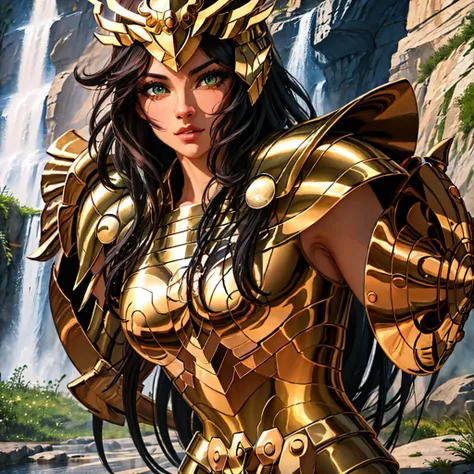 masterpiece, best quality, highres, solo, 1girl, green eyes, detailed background,waterfall,helmet,armor, outdoor ,(medium breasts:1.5) god_cloth