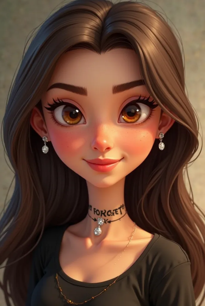 Disney Pixar cover alpha title of a woman with dark brown hair and two locks behind her blonde ears, long straight hair, split in half with several small diamond earrings, eyebrows of the same shade of hair, eyes a little slender and almond, light brown an...