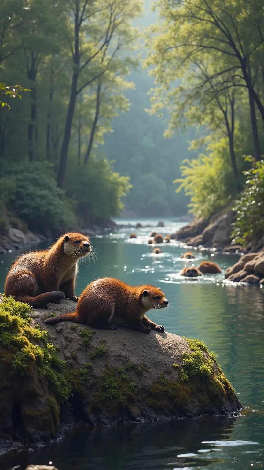 You pause to rest on a fallen log, your hands resting on its mossy surface. In the distance, you see a family of giant otters swimming gracefully in a calm river, their sleek bodies cutting through the water with ease.*