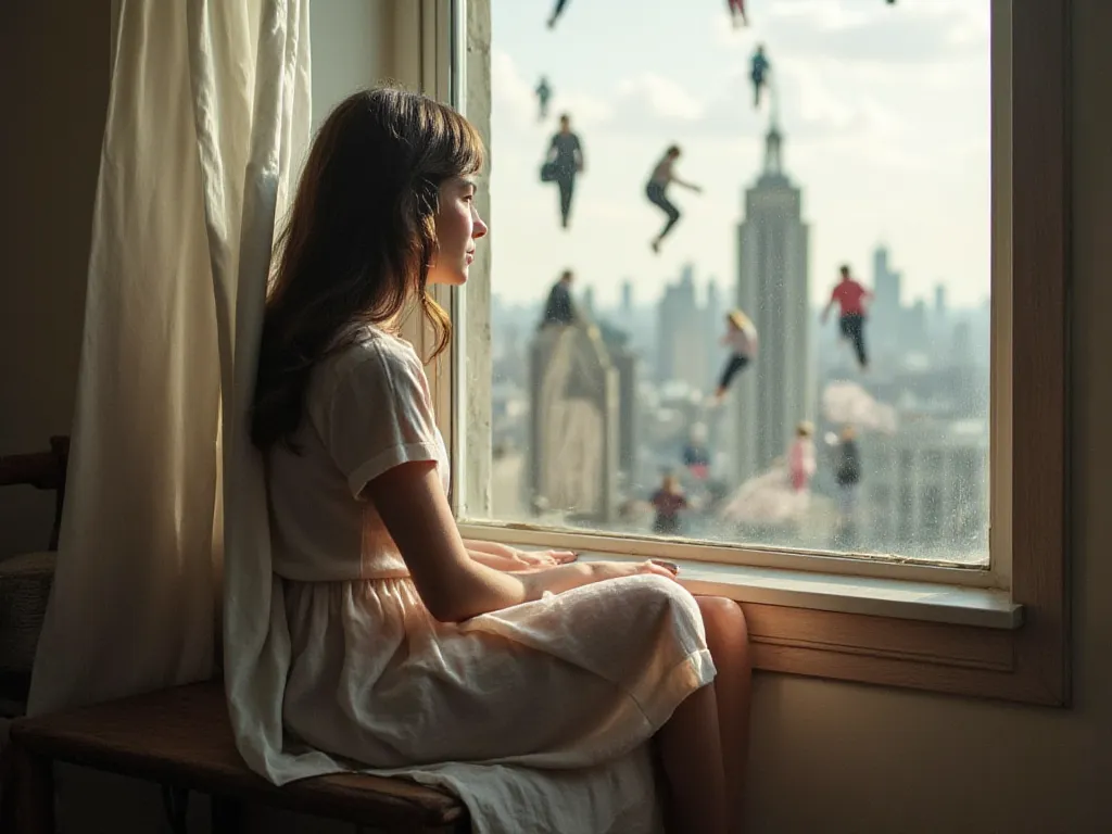 a girl, sitting next to a window, looking to the window, outside the window is a city view, with lots of people walking in the air, floating people, delicate, sharp detail.