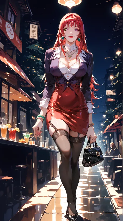 Takashiro Hiroko, 1girl, mature female,red lip, red swept bangs,red long hair,purple eyes, beautiful earrings and necklace and bracelet ,mini bag and cocktail,blouse,blazer,taut red skirt,black thighhighs,garter straps,blixed state,bright smile, in a large...