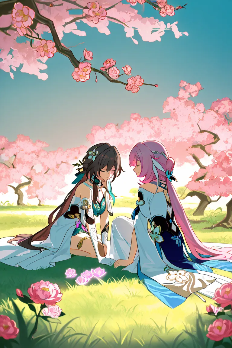 Honkai impact Elysia, Honkai Star Rail Ruan May, two women, sitting on the grass, sakura tree, Talking in peace, long loose hair, eyes closed,  Light Smile , long clothes, goddesses, quiet environment, magic garden, Peony flowers,