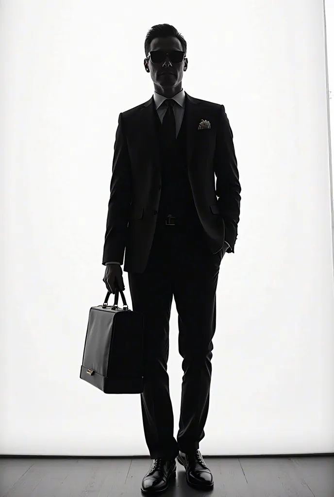 Silhouette of a man in a suit with sunglasses and a briefcase