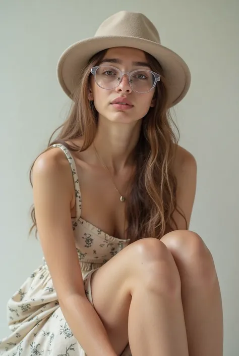 "A young woman with a modern, summer style, sitting in a relaxed pose, resting both hands on her knees. She wears a knee-length dress with straps, together with a wool hat and large transparent glasses .  her hair is long , loose and with soft waves. The b...