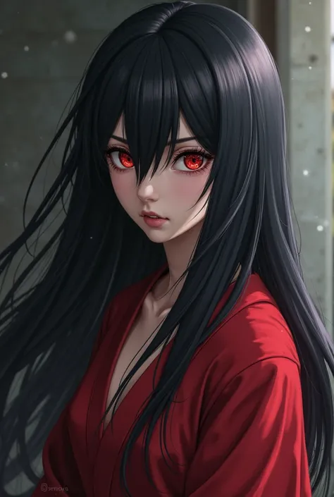 One with long black hair, with a long fringe on the right side of the face, her clothes are red, her shy face and she's a member of the Uchiha clan so she has Sharingan 