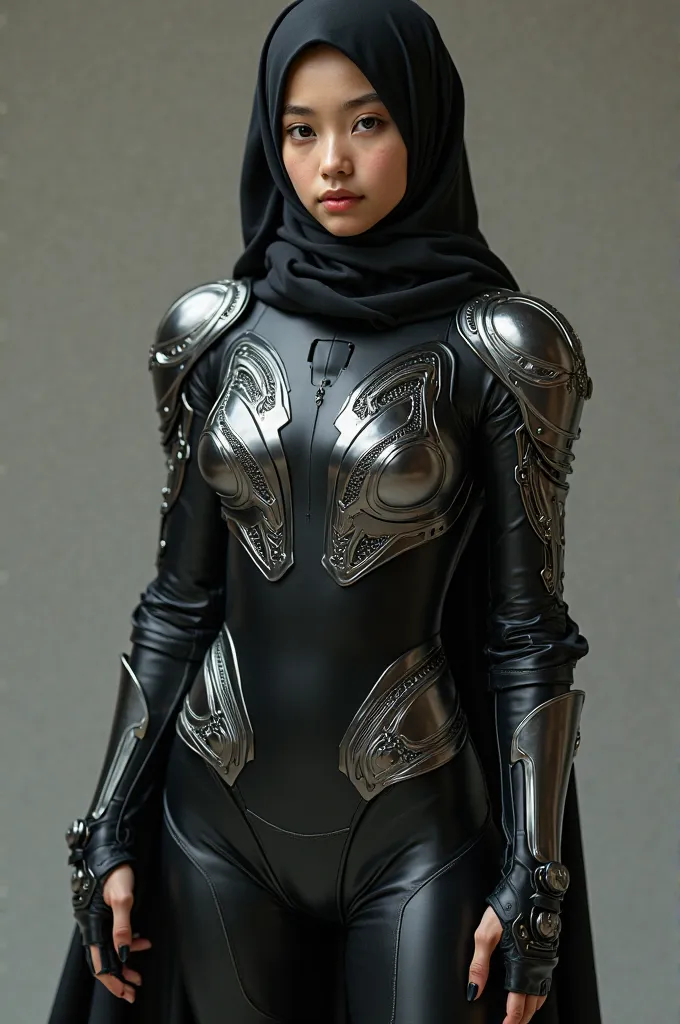 A girl wearing hijab . Innocent face. Long leg. Wearing full body black latex suit and silver body armor. High quality. High resolution