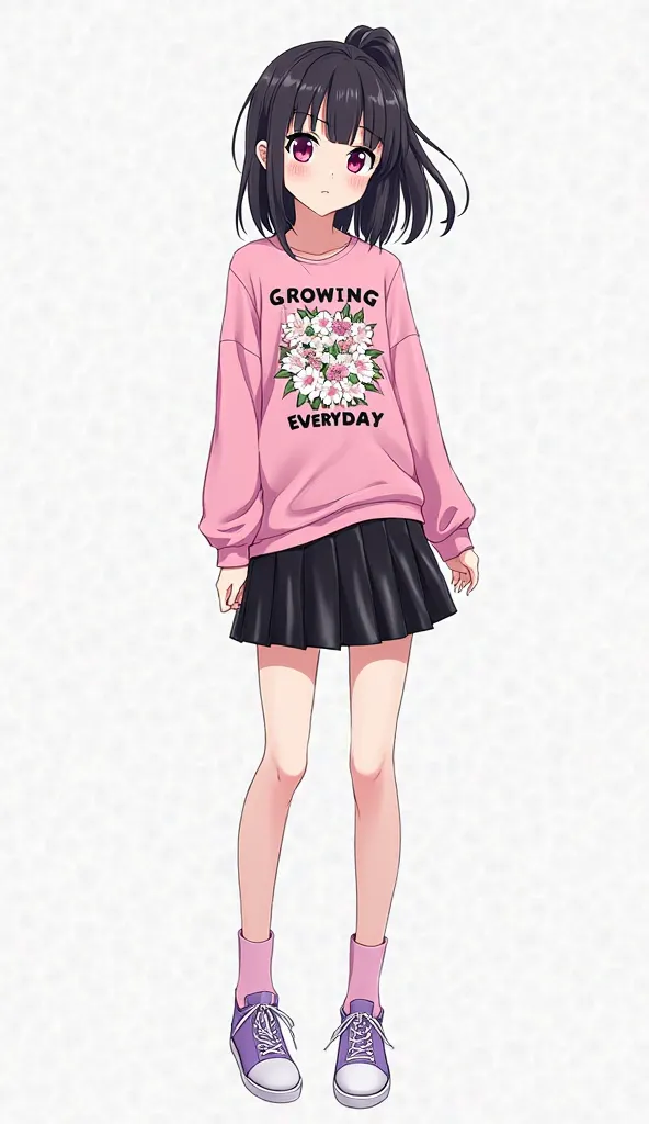 Japanese anime age woman with medium long straight black hair with a ponytail and intense magenta eyes and wears a long-sleeve t-shirt in pink with a design that includes white flowers with pink centers and green leaves. About the floral design, is printed...