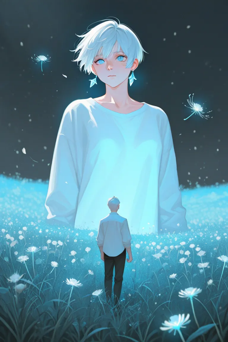 (Two characters) 13years old boy and a girl with blue eyes, standing in a field felld with white dandelion flowers, with white short hair and wearing only white shirt, (boy) wearing tiny crystal earrings, some few tiny dandelion petals flying around, sketc...