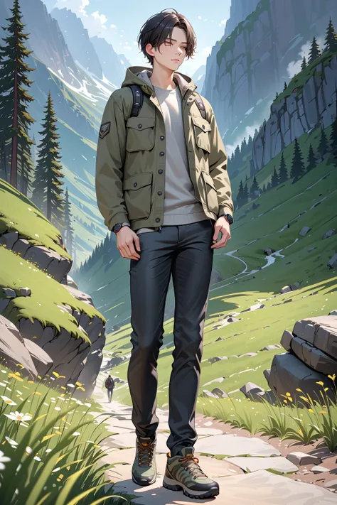 (masterpiece, best quality:1.5), (ultra detailed, high resolution, 8k, beautiful detailed, UHD, best anatomy), Dark green short hair, 1 boy, Outdoor Casual Style, Khaki field jacket, Gray hoodie, Black jeans, Trekking shoes, full body shot, accessory