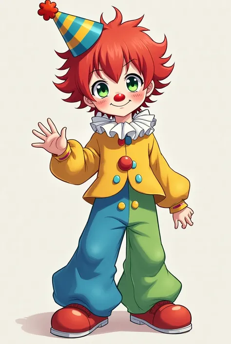 Clown human boy with red hair, green eyes, cute, with hair, blue and green long white pants, 2 big yellow buttons, wearing an anime party hat