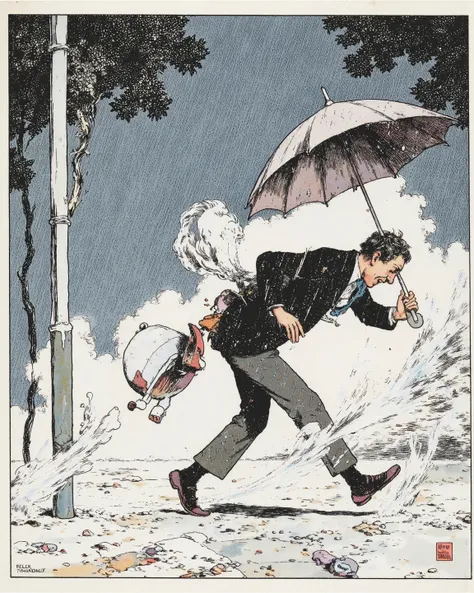 an illustration of, in the style of william-heath-robinson, walking against the strong wind, man struggling umbrella, man in a suit and tie holding an umbrella on a against strong wind, from side, it's walking between a strong wind, photo manipulation, har...