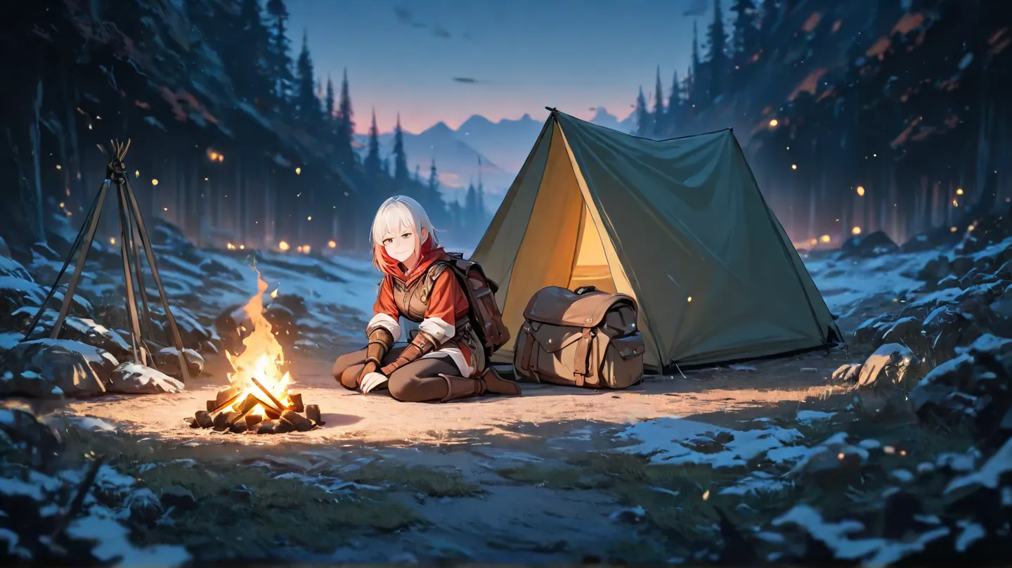  huge _very high resolution, high resolution,  masterpiece, recent, 1 female,  long hair, white hair, light smile, Medieval Adventurer Outfit, 1 man, short hair,  red hair,  soft_light, tent,  blurry , sit on the floor, sunset, Mystic Glade, 1Backpack, Sma...