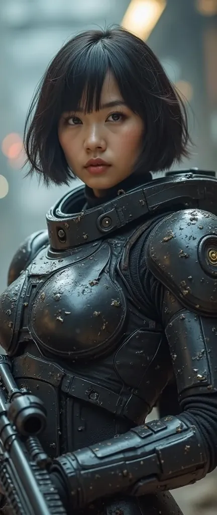 8k,   Ultra High Definition,  (( bob cut short hair  ))、 full body,   beautiful, Heavily armed,   wear a heavy armored suit inside a combat spaceship , Battle Form   , Show a rugged face,    fire her weapon inside her advanced weapon 、 Female Soldier with ...