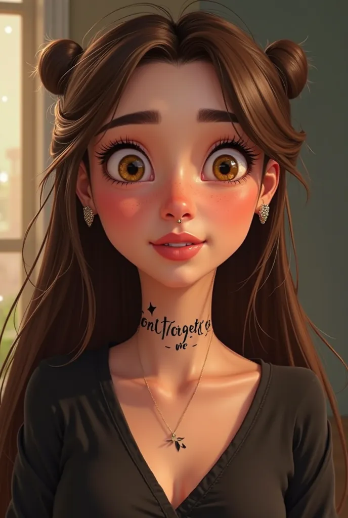 Disney Pixar cover alpha title of a woman with dark brown hair and two locks behind her blonde ears, long straight hair, divided in half with several small diamond earrings, eyebrows of the same shade of hair, eyes a little slender and almond, light brown ...