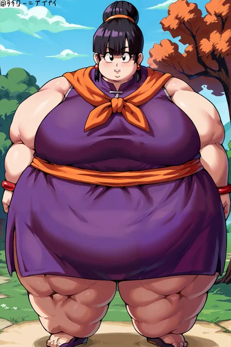 Girl becoming a monster, becoming a troll, fat, chubby, obese, source_anime, score_9, score_8_up, score_7_up,8k, absurd res, chi-chi, 1girl, solo, looking at viewer, bangs, tree, black hair, outdoors, standing, upper body, sidelocks, earrings, blunt bangs,...