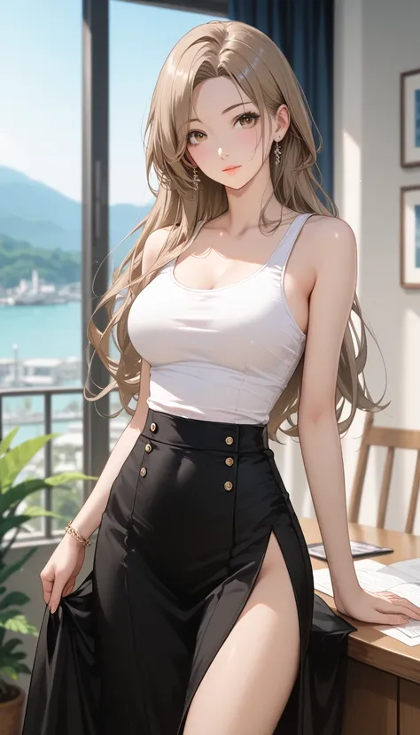 best quality, absurdres, わきDownを見せない, Down, no background, becomes transparent when you look at it {x}, PE, front view, cowboy shot, perfect and beautiful face, beautiful breasts,  Read more, slim, lightbrown long hair, parted bangs, white tank top, black ...