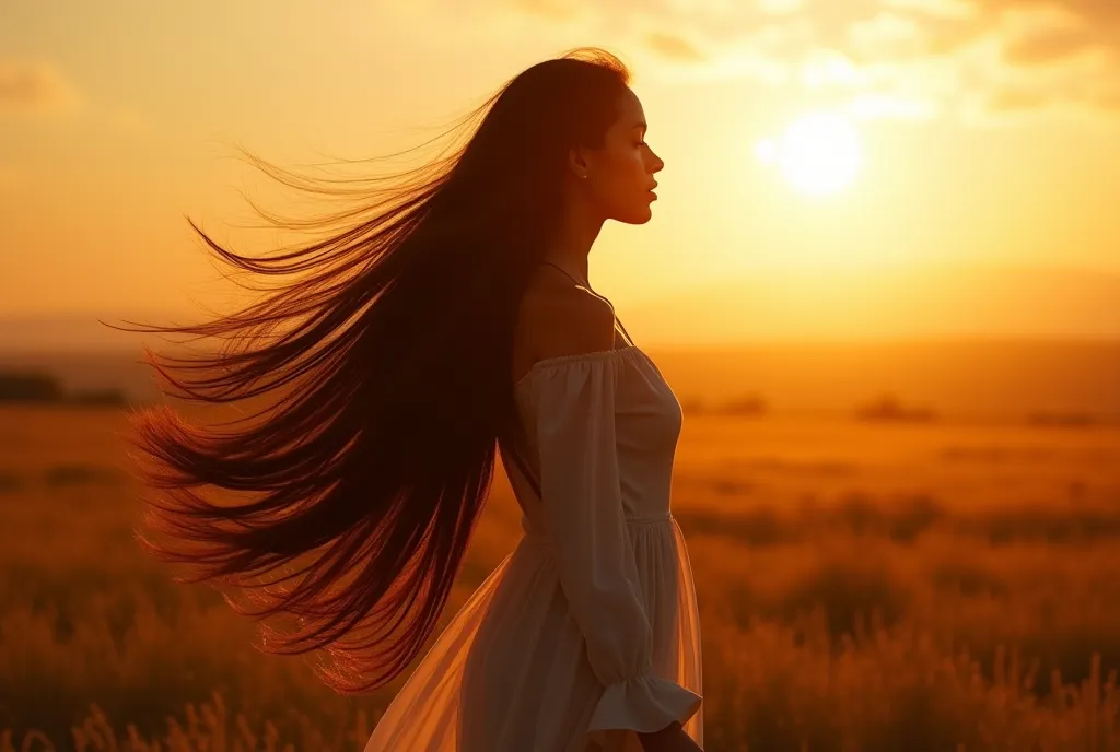 A woman with ultra-long, flowing black hair walks gracefully in the wind during a breathtaking sunset. Her hair dances in the breeze as she moves through an open field, the golden light casting a warm glow on her silhouette. Viewed from the side, the scene...