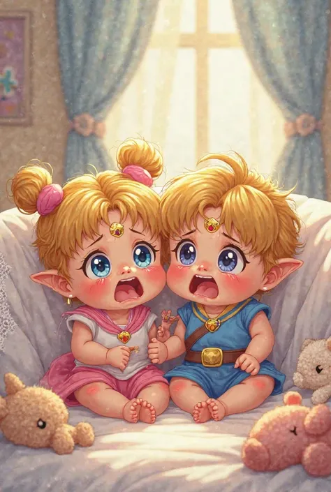 A 6K resolution 90s anime illustration (90s anime illustration: 3.1) of Sailor Moon, (Sailor Moon: 2.7) and Link from The Legend of Zelda, (Link from Legend of Zelda: 2.7) as 5 month old babies lying crying in a cozy white crib (5 month old babies lying cr...