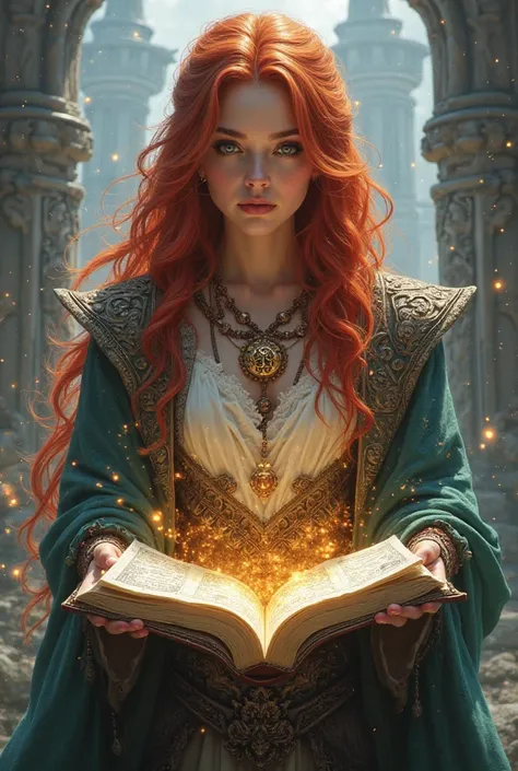 woman wizard, d&d aventureira, RPG character, spell book, red hair