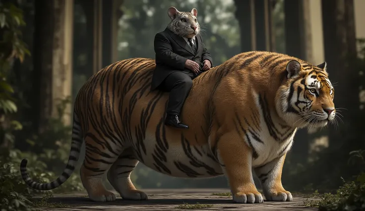 "A humanoid rat with sleek gray fur, dressed in a dark, elegant suit, rides atop a majestic tiger. The rat sits confidently, gripping the tiger’s fur or holding reins, exuding an air of control and dominance. The tiger is muscular, with lifelike fur patter...