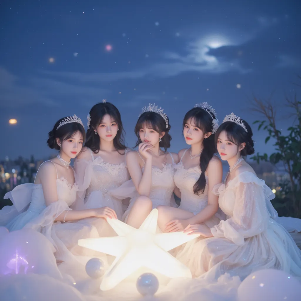 K-pop music video concept photos, celestial, dreamy, gorgeous, majestic, pretty, far away view, sitting on a star, each member looks one of a kind, majestic kpop girl group of 5 girls, each girl looks different, all of them have black hair, cute, , one of ...