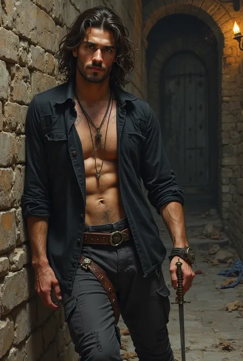 Realistic photo in a classic, dramatic style, depicting a 35-year-old arabian rogue with a disheveled appearance. The muscule man has dark brown, muscular, messy long hair with a few strands falling over his forehead. His face is youthful yet scarred, with...