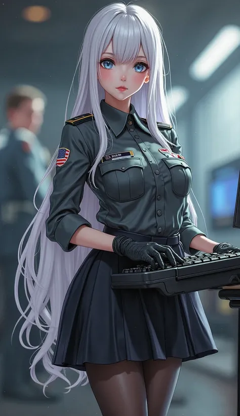 Beautiful girl with long straight white hair, dressed in a military officer's uniform, dark gray blouse with camouflage,  short black skirt , sleeves rolled up to the elbows, dark gloves, Pantyhose, booties with a , holding a gamer keyboard,  blue eyes, th...