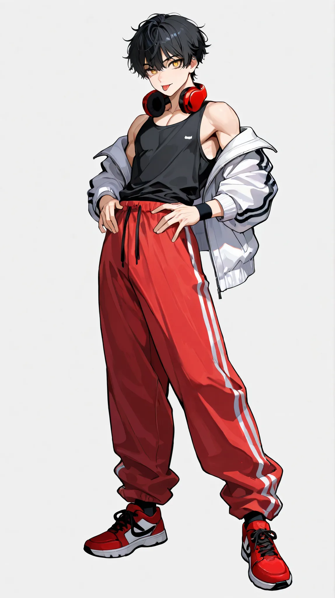 1 boy, handsome, short hair, curly bushy black hair, defined yellow eyes, eyelashes, cat eyes, confident look, tongue out, fit body, red headphones on neck, white jacket off shoulder, black tank top, sports black wrist bands, red pants, oversize taekwando ...