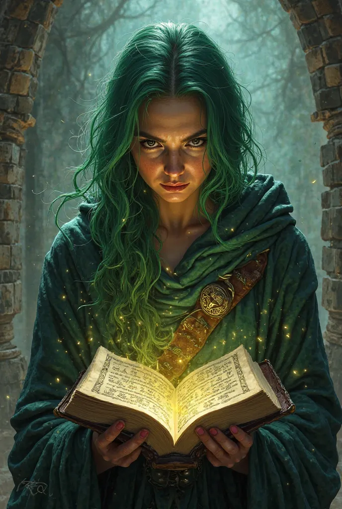 woman wizard, d&d aventureira, RPG character, spell book, green hair