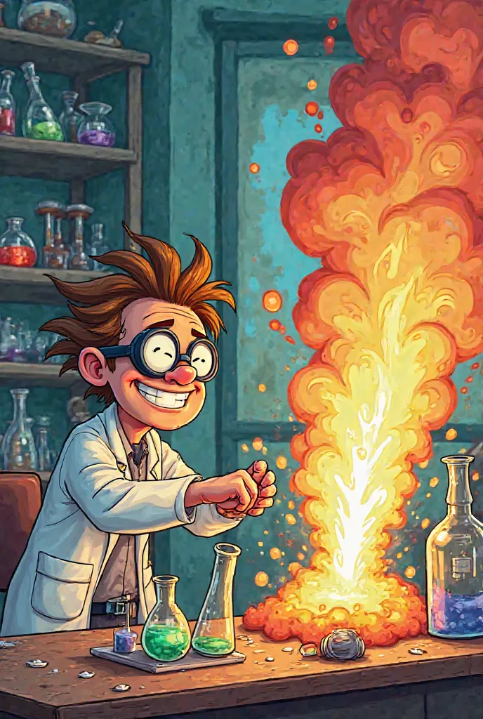 I want an image of a scientist creating physical reactions and after doing so that there is an explosion that both situations can be seen. And let it be in a cartoon 