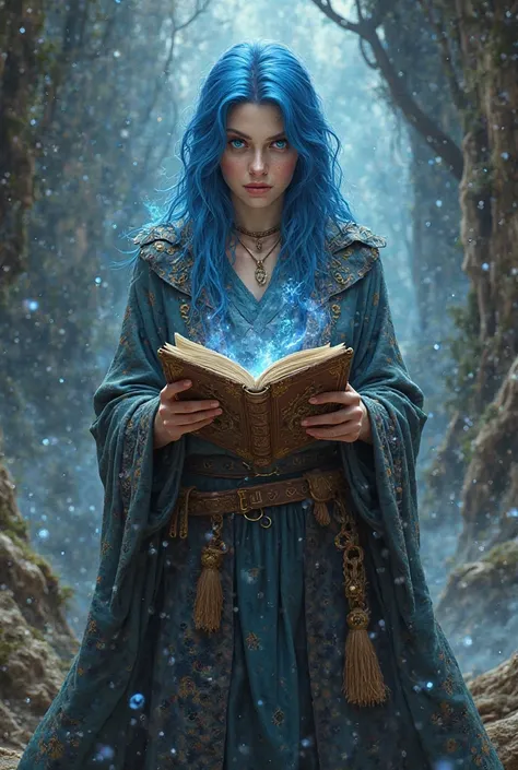 woman wizard, d&d aventureira, RPG character, spell book, blue hair