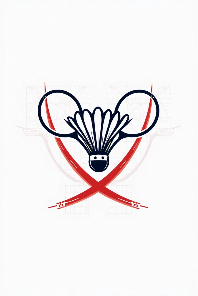 Badminton championship logo with a shuttlecock in the center, two rackets behind it and two red handles crossed below, white background Mode Flux Style No style