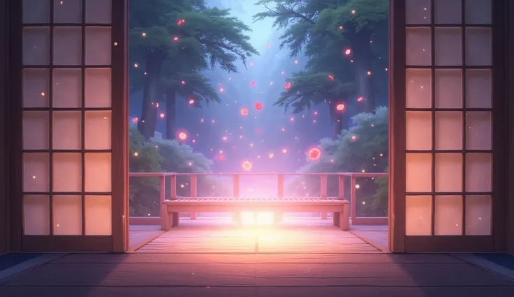 Fantasy Ryokan Guest Room, Japanese Style and Western Fusion, Magic lighting, Floating Small Items, Shoji screen　Anime Background　 background only