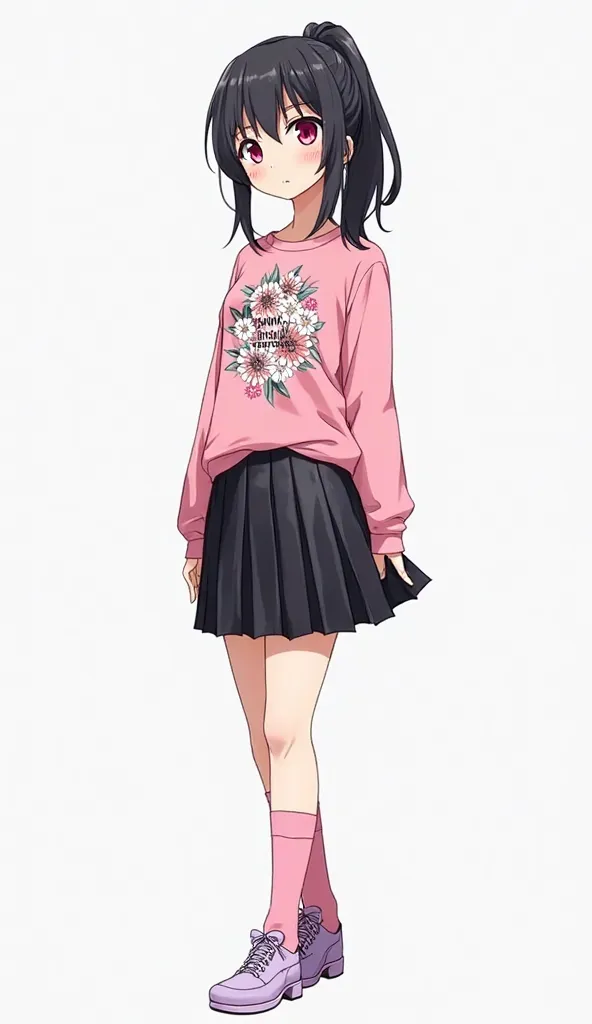 Japanese anime age woman with medium long straight black hair with a ponytail and intense magenta eyes and wears a long-sleeve t-shirt in pink with a design that includes white flowers with pink centers and green leaves. About the floral design, is printed...