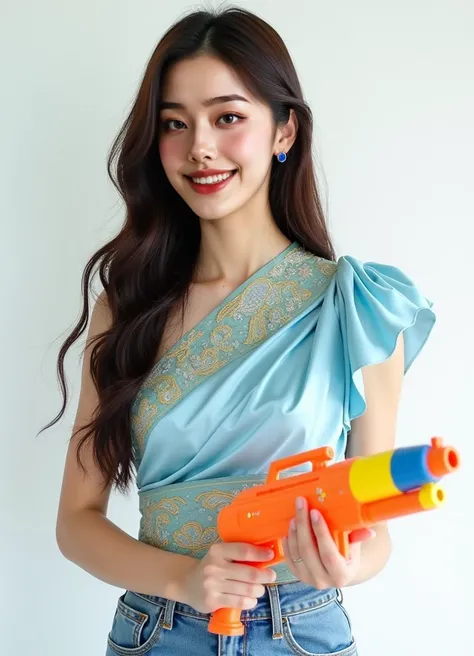 A beautiful Korean idol with long dark brown hair, wearing an intricately designed traditional Thai-style top (sabais) in soft pastel blue, symbolizing the freshness of Songkran water festivities. The sabais is crafted from delicate silk with golden and si...