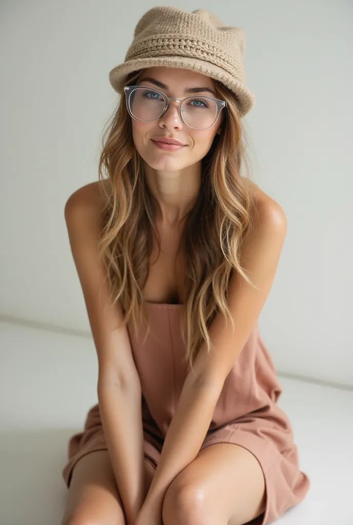 "A young woman with a modern, summer style, sitting in a relaxed pose, resting both hands on her knees. She wears a knee-length dress with straps, together with a winter wool hat and large transparent glasses .  her hair is long , loose and with soft waves...