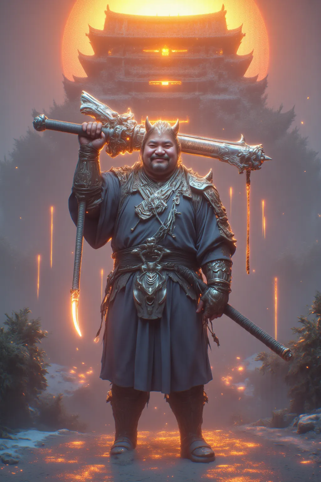 １Fat Man、 male、warrior、Armor、fat、 Japanese、Japanese castle in the distance、noon、The big sun in the background 、Hold up colorful and fantastic God Soldier weapons、20 years old、smile、obesity