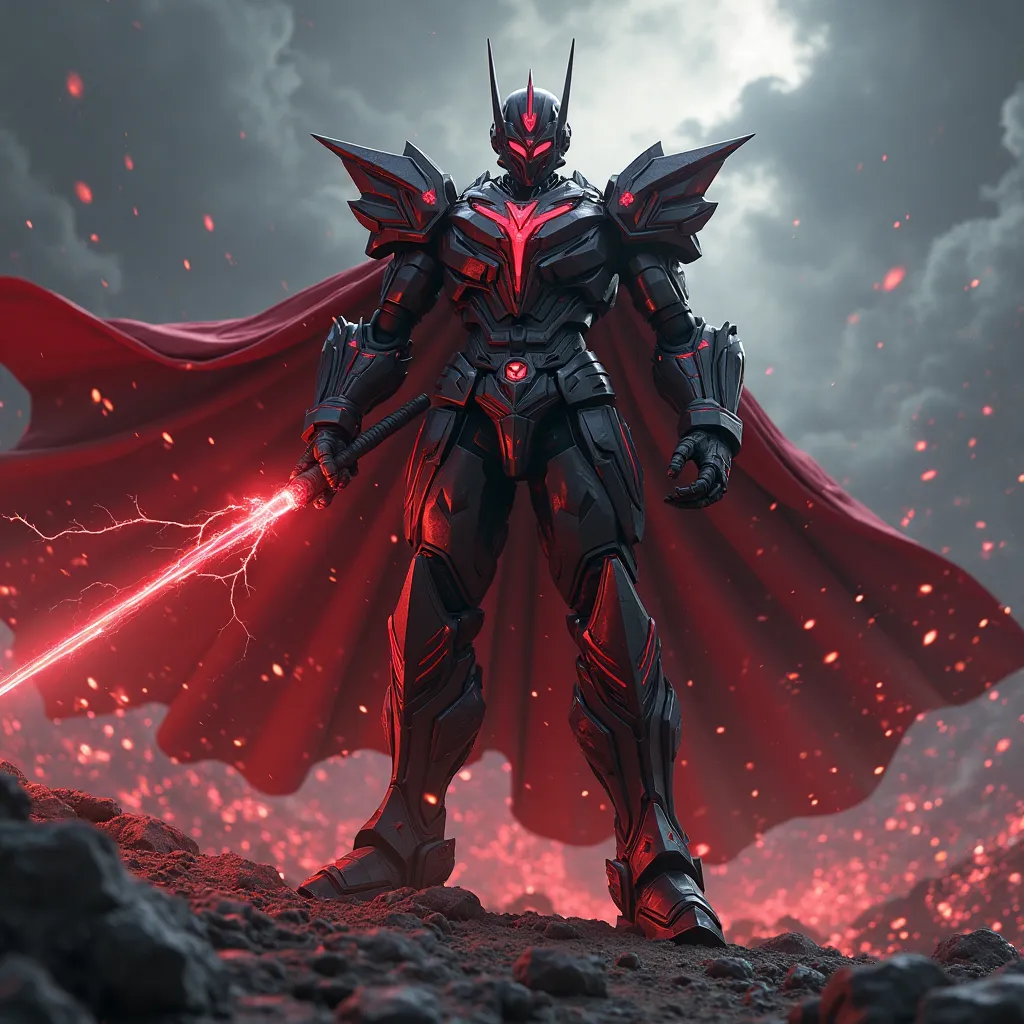 Evil Dark Power Ranger Name Lord Zaku With His Red And Black Stripe Power Armor Suit With A Red Cape And Red electricity on His Hand Edgy Look Cinematic Realistic HD 4K Ultra 