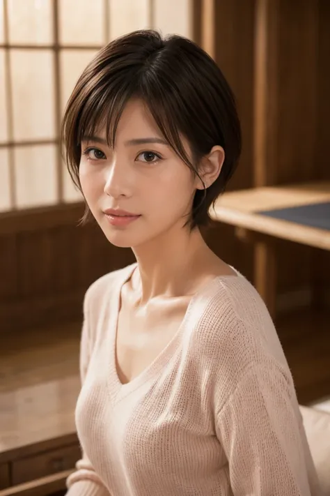 8k, Highest quality, masterpiece, realistic, Photorealistic, very detailed, natural light, medium breasts,  Can See Your Chest , 1 Japanese woman, Age 35,   black hair,  short hair, (looks up from below), light pink light knit v-neck shirt, very detailed顔と...