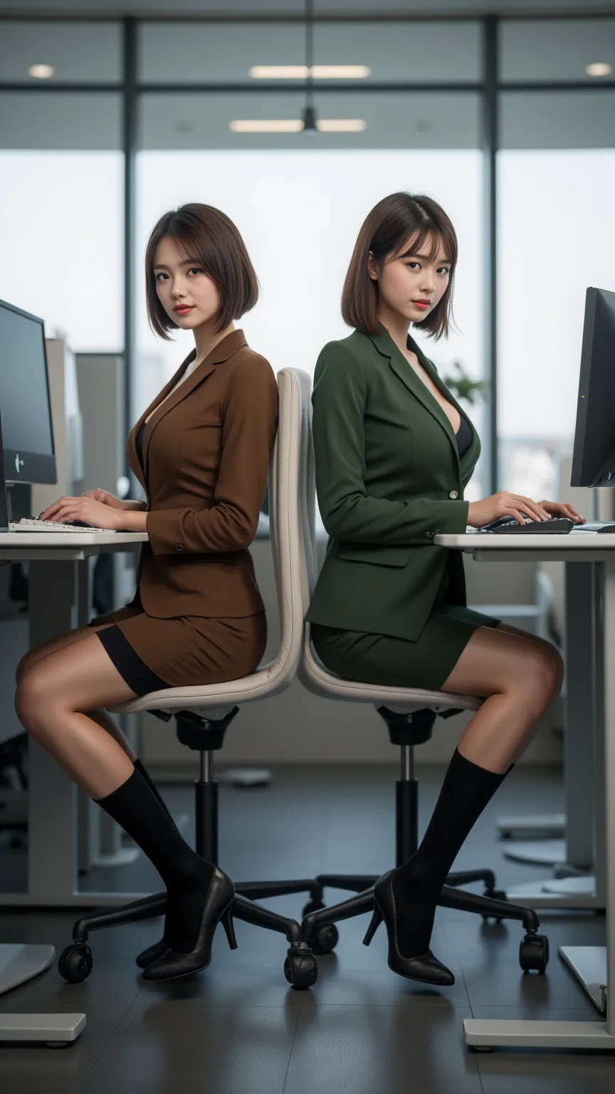 　8K,  RAW photos ,  super A high resolution,  top quality , masterpiece:1.2), (realistic illustration ), (highly detailed CG Unity 8K wallpaper), ((full body image :1.5)), ((full body:1.5)), ((2 women:1.5)), ((The two women are office ladies)), ((The two w...