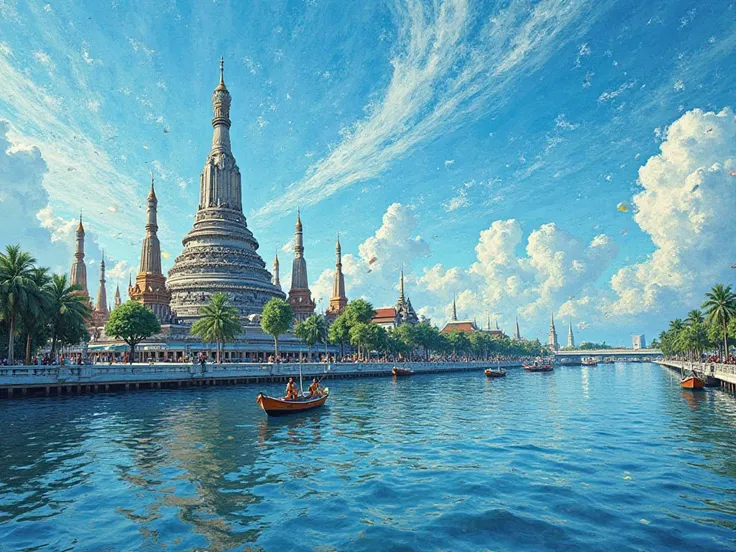 Wat Arun , bangkok , worm eye view , in the afternoon, river , blue sky , a bit cloudy , some boat in the river , vincent van gogh style 