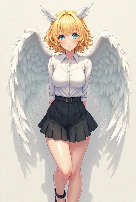 a busty woman with wide cyan eyes, Short curly yellow hair, have 2 small white wings in her head, Wearing a white shirt, black skirt, and black heels, anime art style 