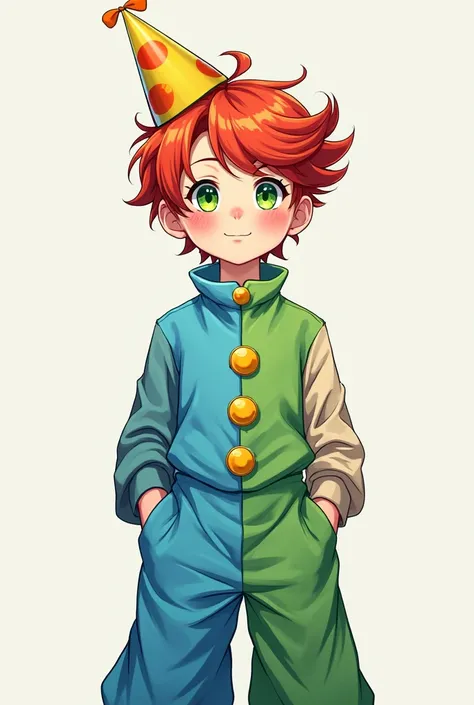 Clown human boy with red hair, green eyes, cute, with hair, blue left side long white pantsuit, green right side, yellow big button, wearing anime party hat