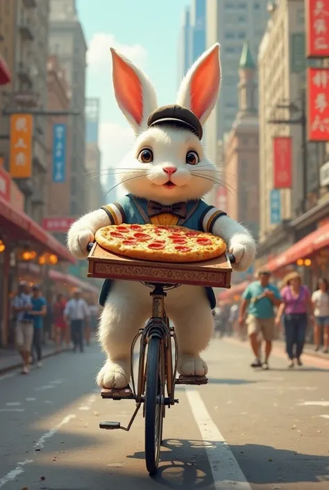 A rabbit is riding a bicycle in a busy city, carrying a box of pizza for delivery.