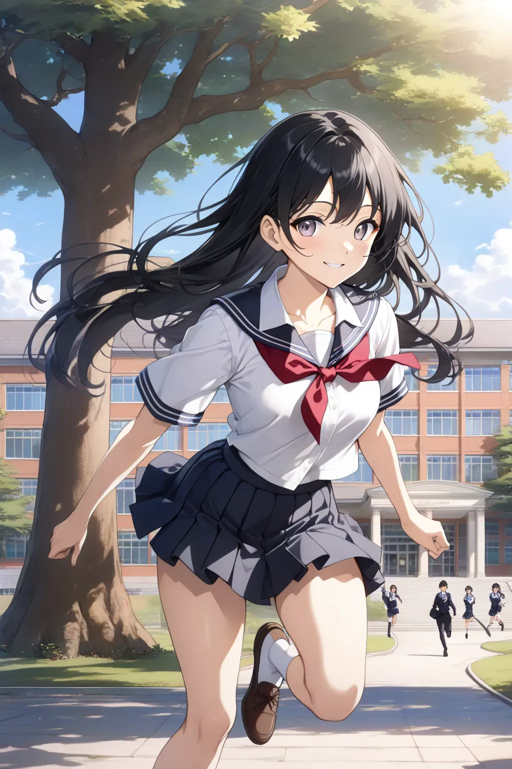 hellow 

BREAK 24k quality, absurdres, masterpiece, (anime style:1.5)

BREAK a school girl, (black long hair), (gray eyes), (sacred face:1.2), (graceful smile), (perfectly detailed face:1.2), high school uniform

BREAK running at campus of high-school, sch...