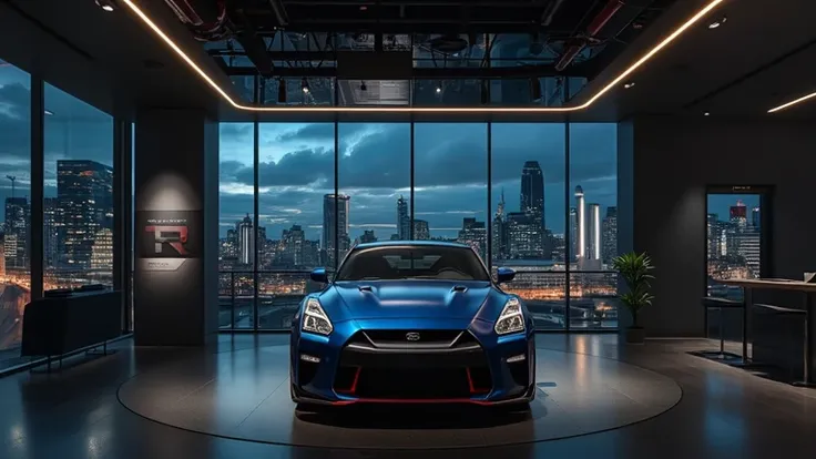 The interior of the showroom with a night atmosphere, soft light from the lights on the ceiling illuminates the Nissan GT-R R39 Nismo located in the center. The large showroom glass reflects the beauty of the city at night, creates an elegant and exclusive...