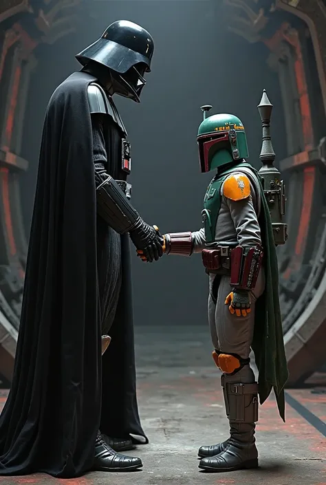 Darth Vader and boba fett shaking hands 