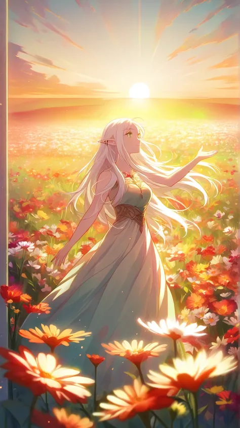 elf with white hair and green eyes facing away and with her hand raised towards the horizon holding a flower with blood, flower field, sun