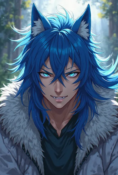 A blue-haired handsome man who is a wolf in the style of an anime